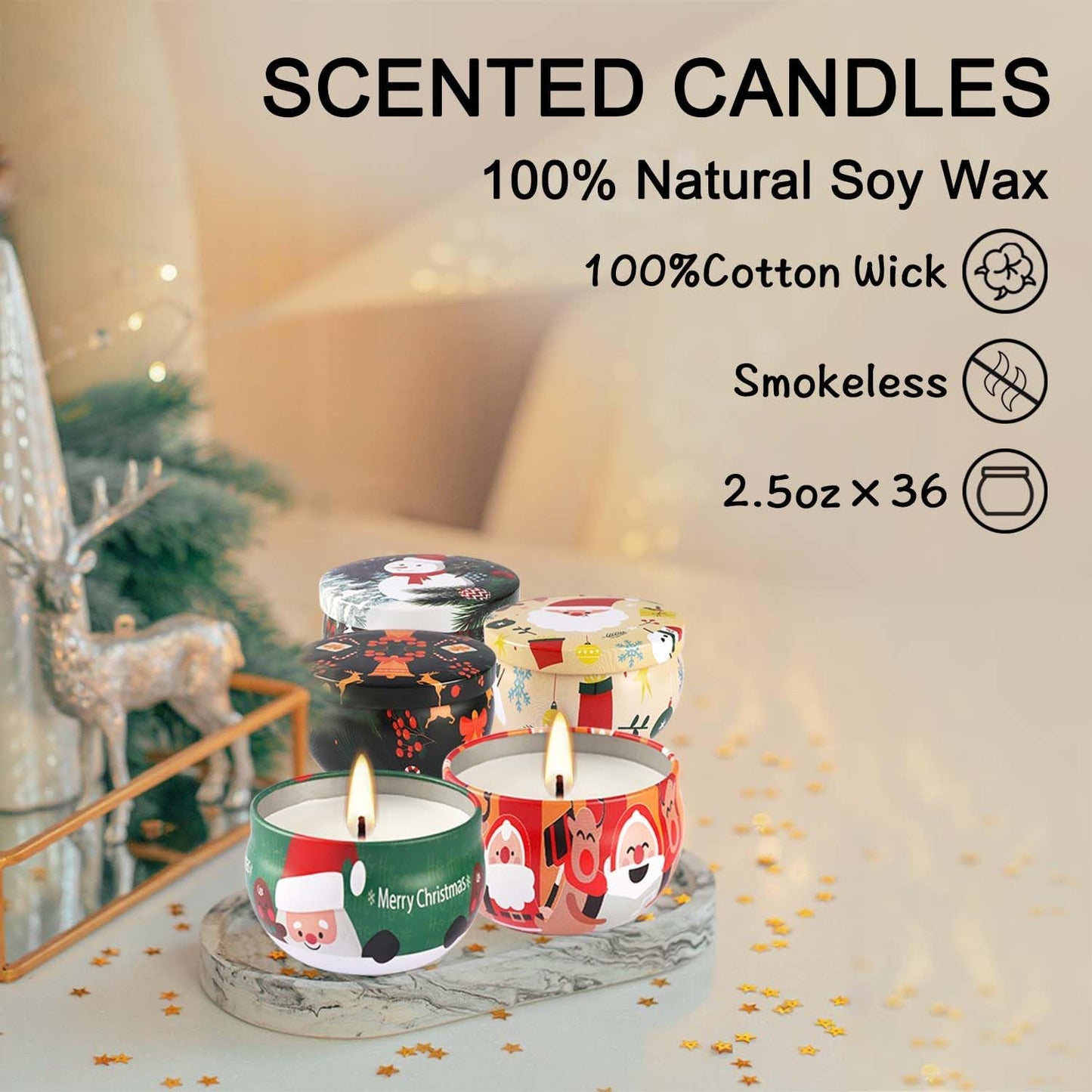 36Pack Christmas Scented Candles Sets,Long Burning,2.5oz Natural Soy Wax with Essential Oils