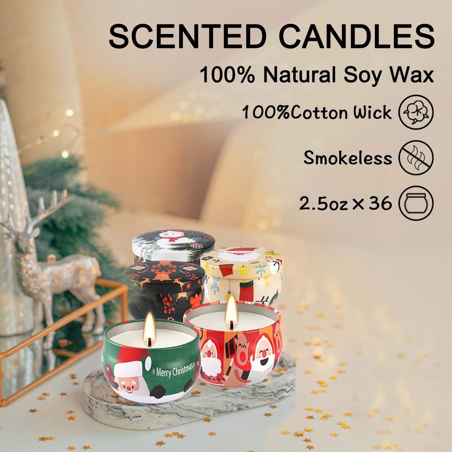 36Pack Christmas Scented Candles Sets,Long Burning,2.5oz Natural Soy Wax with Essential Oils