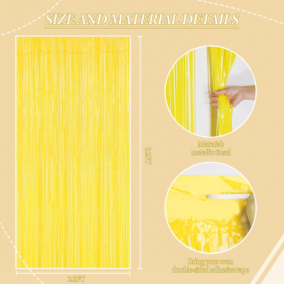 3 Pack Foil Fringe Backdrop - Pastel Yellow Shiny Tinsel Curtains for Party Decoration/Photo Booth