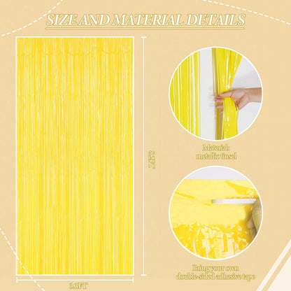 3 Pack Foil Fringe Backdrop - Pastel Yellow Shiny Tinsel Curtains for Party Decoration/Photo Booth
