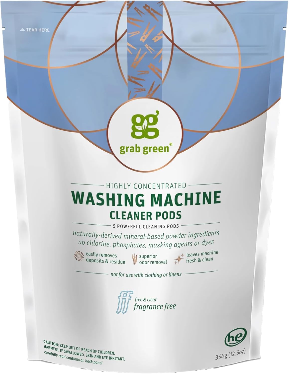 Grab Green Washing Machine Cleaner, 5 Count, Fragrance Free, Mineral Based Removes Deposits and