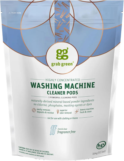 Grab Green Washing Machine Cleaner, 5 Count, Fragrance Free, Mineral Based Removes Deposits and