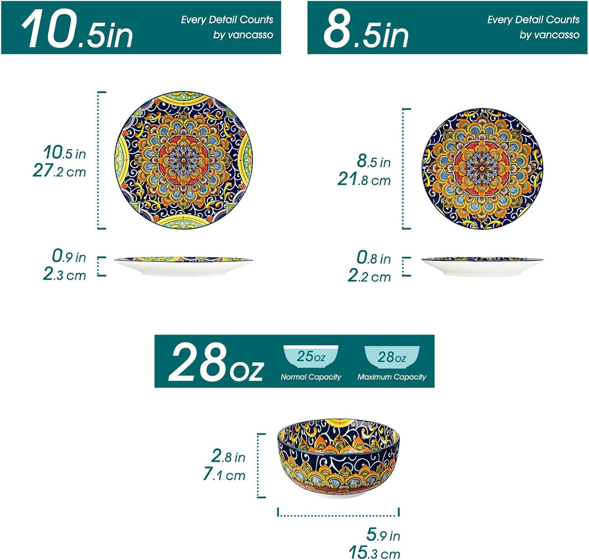 vancasso 12 Pieces Dinnerware Sets, Dark Green Plates and Bowls Set, Porcelain Dishes Set for 4