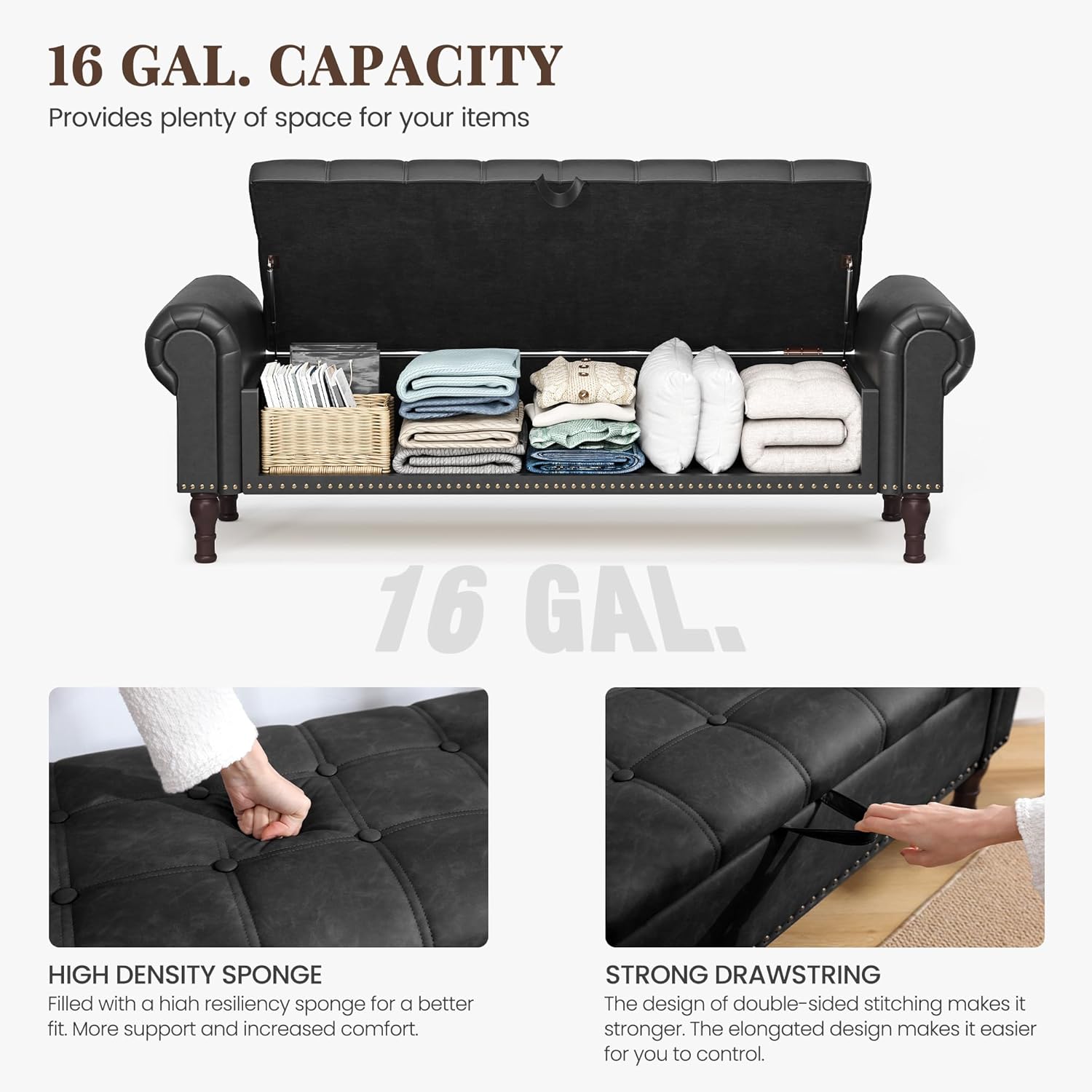 60" Storage Ottoman Bench for Bedroom, Full Queen Storage Bench with Button, Upholstered Bedroom