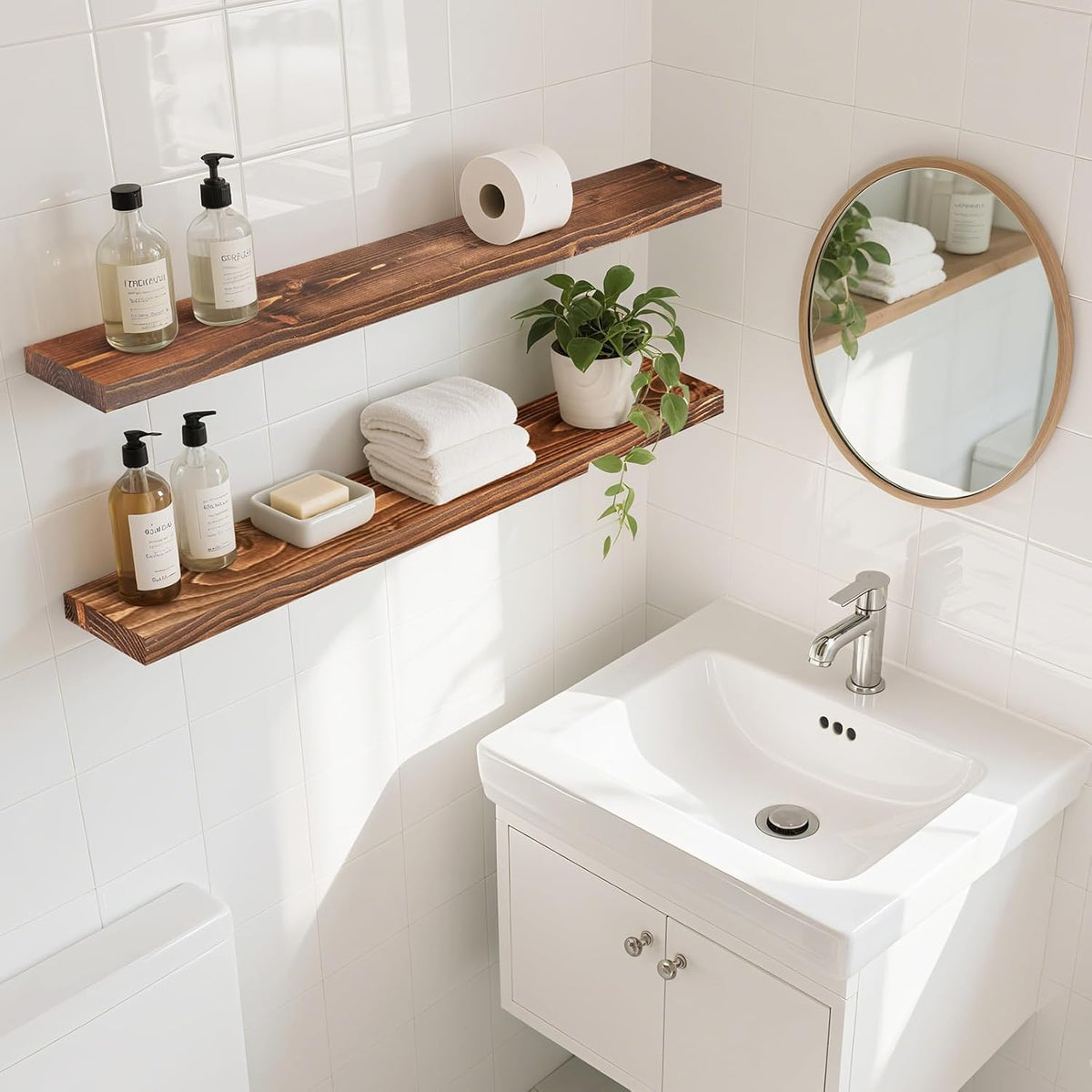 Floating Wall Shelves 2-Pack - 36-Inch Rustic Brown Wooden Shelves for Storage and Décor, Easy