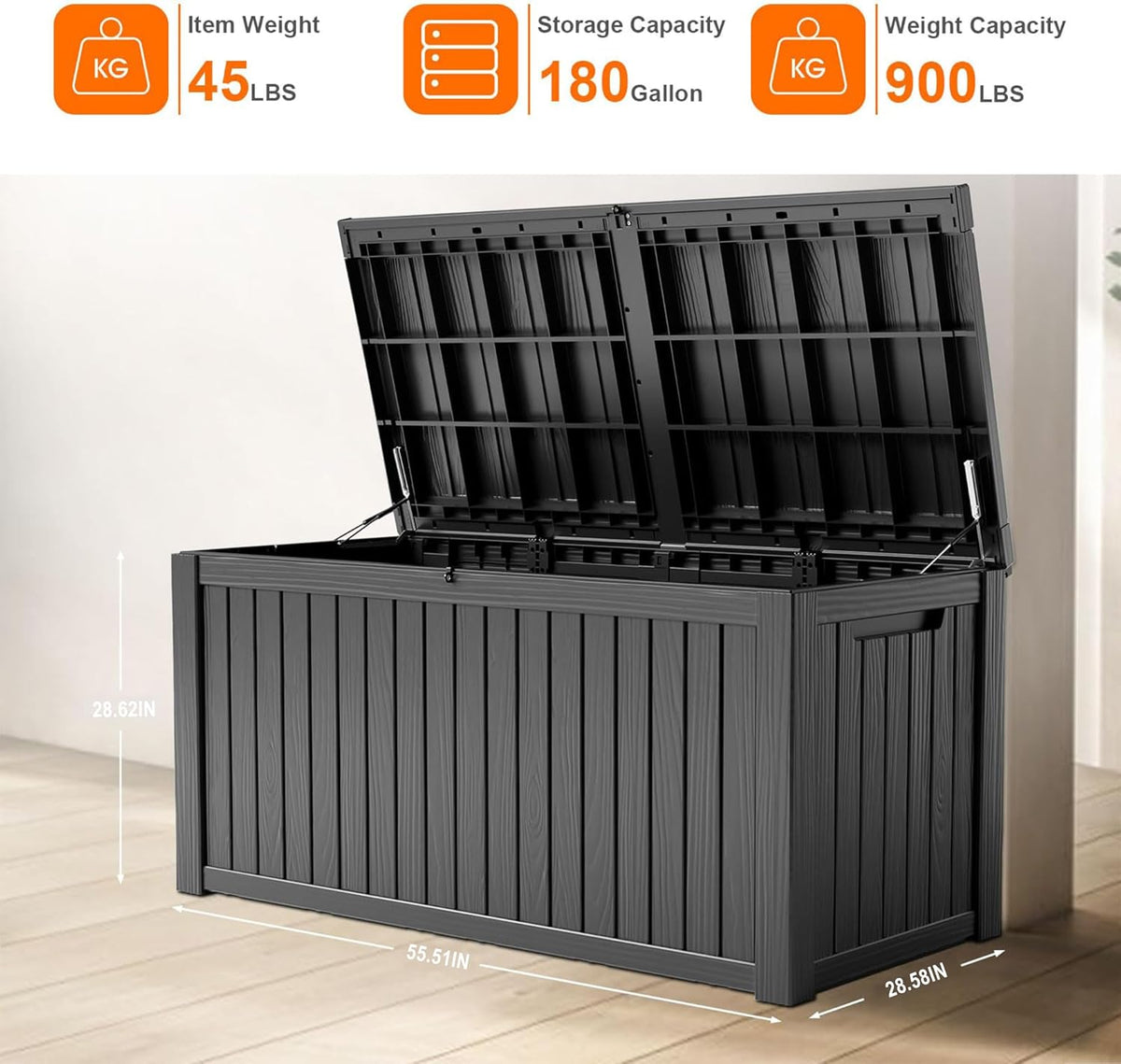 180 Gallon Resin Deck Box, Lockable Patio Outdoor Storage Box for Furniture, Garden Tools and Tools
