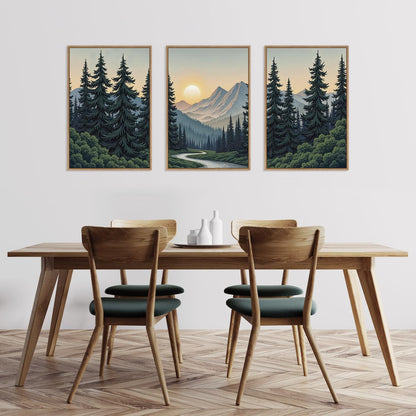 HLNIUC Mountain Forest Sun Framed Wall Art,Large Boho Pine Tree Canvas Wall Decor Set of