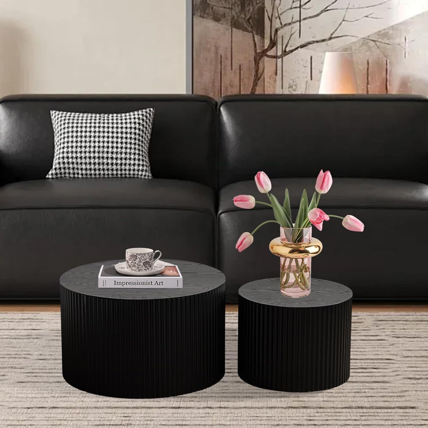 Modern Black Nesting Coffee Table Set of 2 Handcraft Fluted Coffee and End Table Sets Wooden Drum