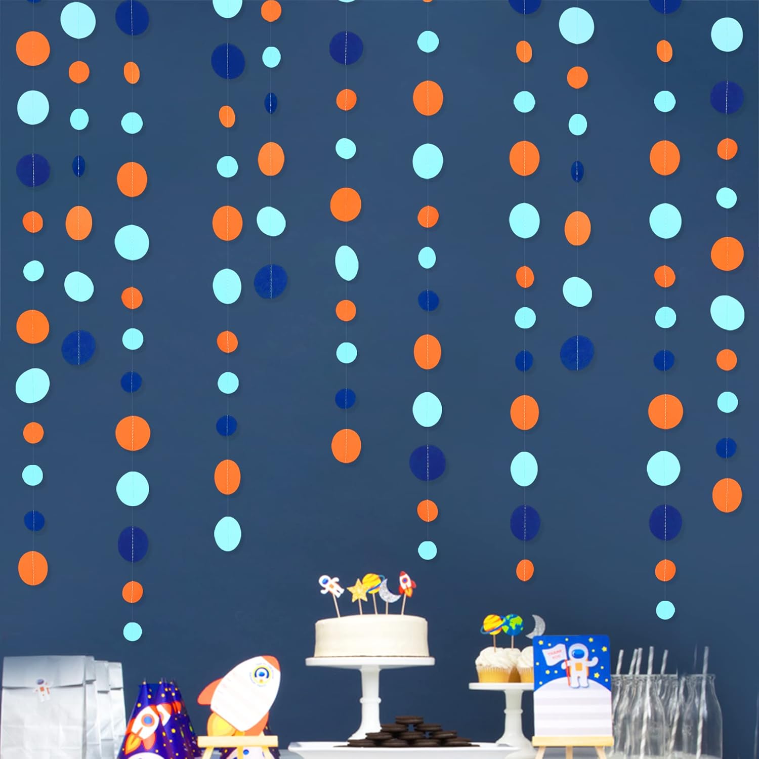 46 Ft Navy Blue Orange and Teal Circle Dots Garland Royal Blue Orange Aqua Polka Dot Hanging Paper