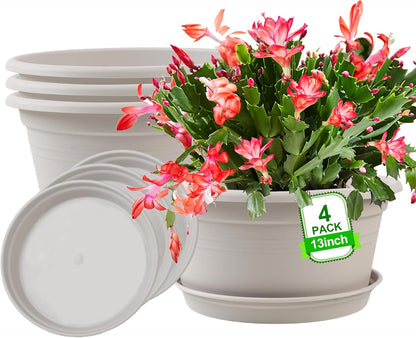 Large 4 Pack 13 inch Plant Pots, Round Plastic Pots for Plants, Outdoor Planters with Drainage Hole