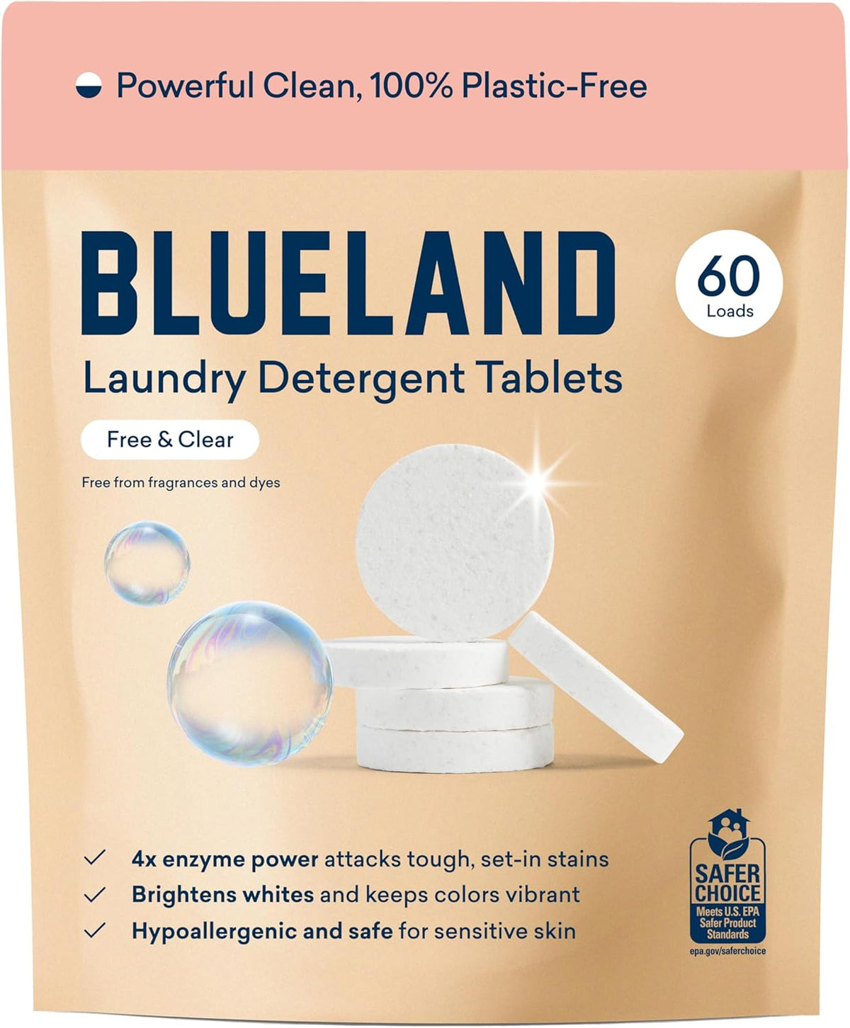 BLUELAND Laundry Detergent Tablets, 60 Count, Plastic-Free Eco-Friendly Pods, Sheets, Liquid