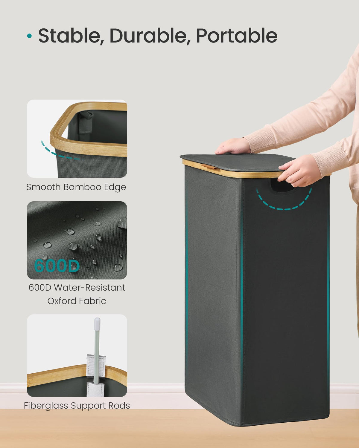 SONGMICS Laundry Hamper, Laundry Basket with Lid, Foldable Storage Basket, Bamboo Frame, for