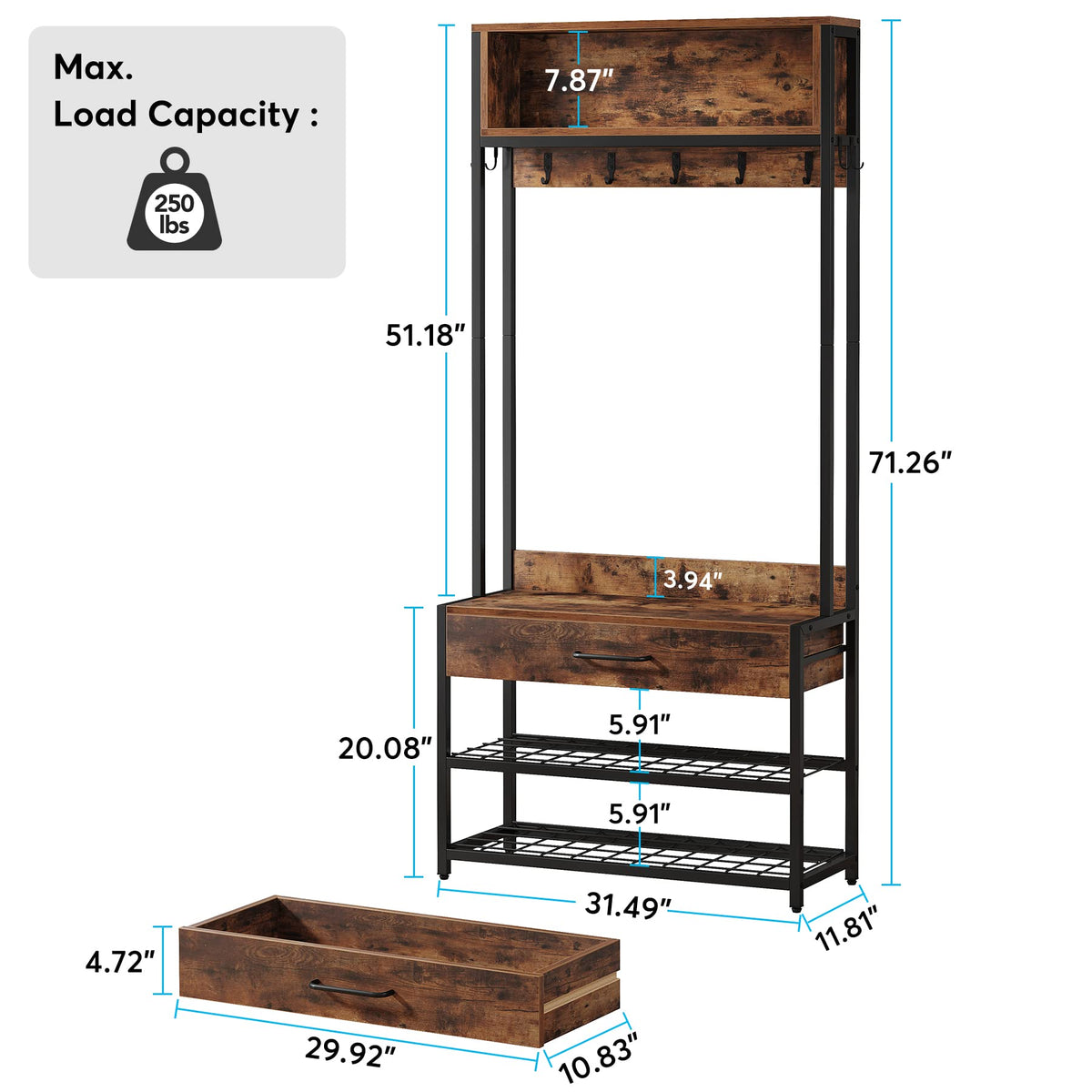Tribesigns 3-in-1 Entryway Hall Tree with Shoe Bench and Hutch, Brown