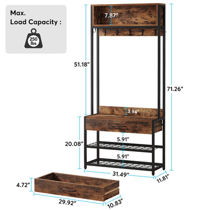 Tribesigns 3-in-1 Entryway Hall Tree with Shoe Bench and Hutch, Brown