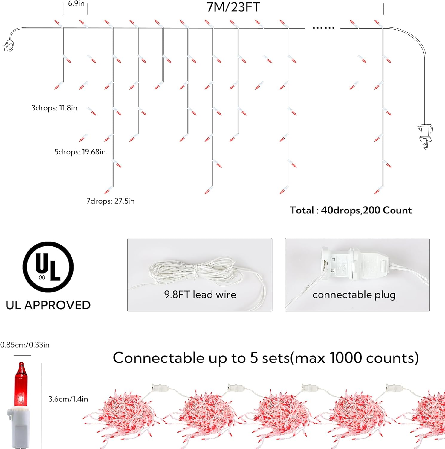 23FT 200Count Red Icicle Lights,White Wire Icicle Mini Lights Plug in with 40 Drops,Hanging Curtain