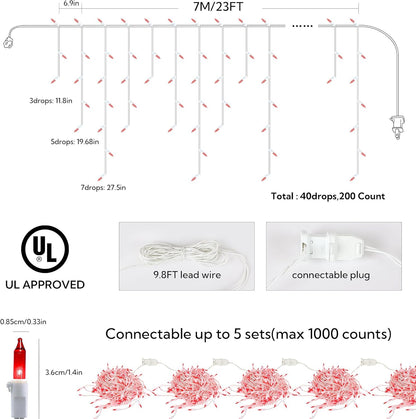 23FT 200Count Red Icicle Lights,White Wire Icicle Mini Lights Plug in with 40 Drops,Hanging Curtain