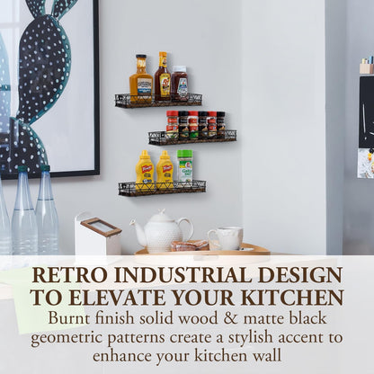 MyGift 14 Inch Wall Mounted Kitchen Spice Racks, Rustic Burnt Solid Wood and Black Metal Wire