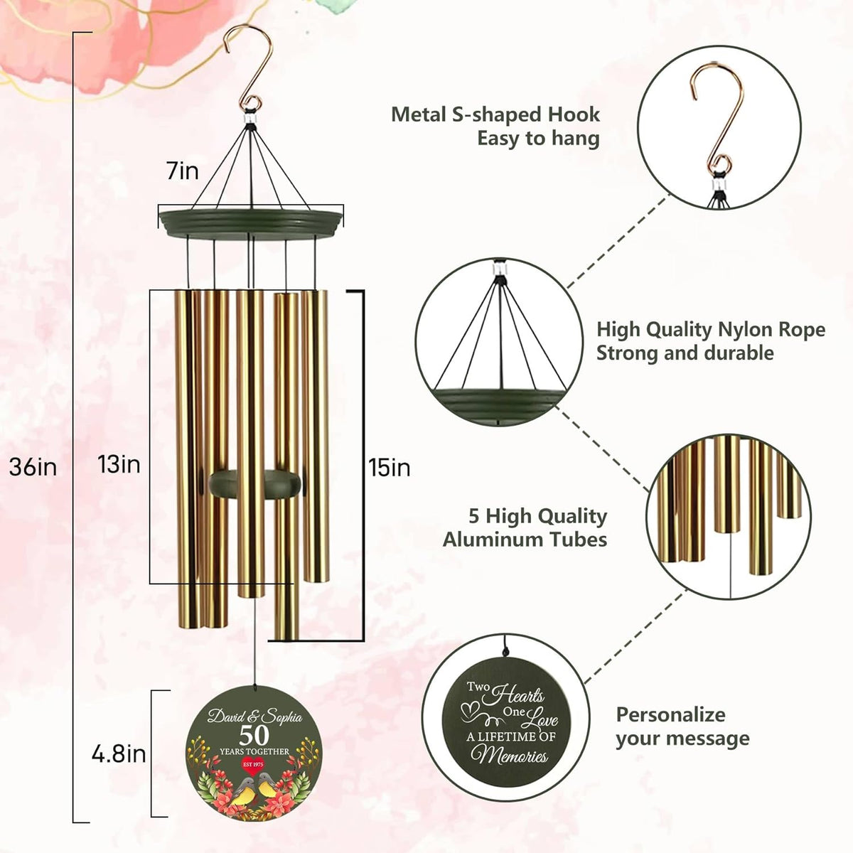 ASTARIN 50th Anniversary Wind Chimes Personalized, 30"/36" Deep Tone Wind Chimes for Wife Husband
