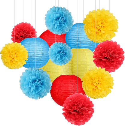Carnival Circus Party Decorations, Red Yellow Blue Paper Lanterns and Pom Poms Flowers for Birthday