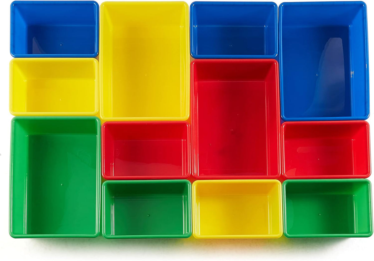 Amazon Basics Kids Toy Storage Organizer With 12 Plastic Bins, Natural Wood With Bright Bins, 10.9"