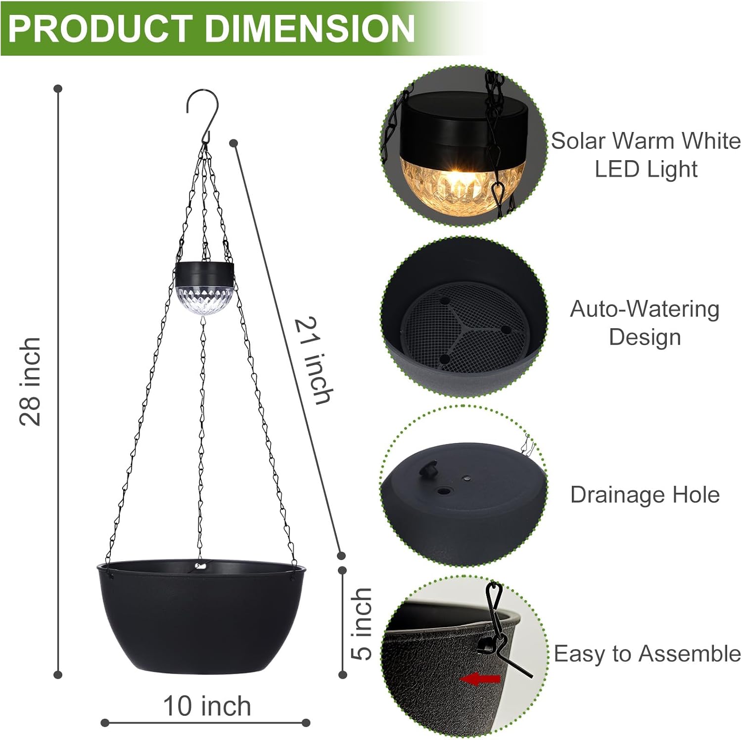 2 Packs Solar Hanging Basket Planters for Plants Outdoor, Self Watering Black Flower Plants Pots