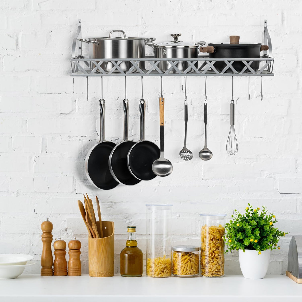 MyGift Wall Mounted Silver-Tone Metal Hanging Kitchen Pots, Pans and Utensils Storage Cookware Rack