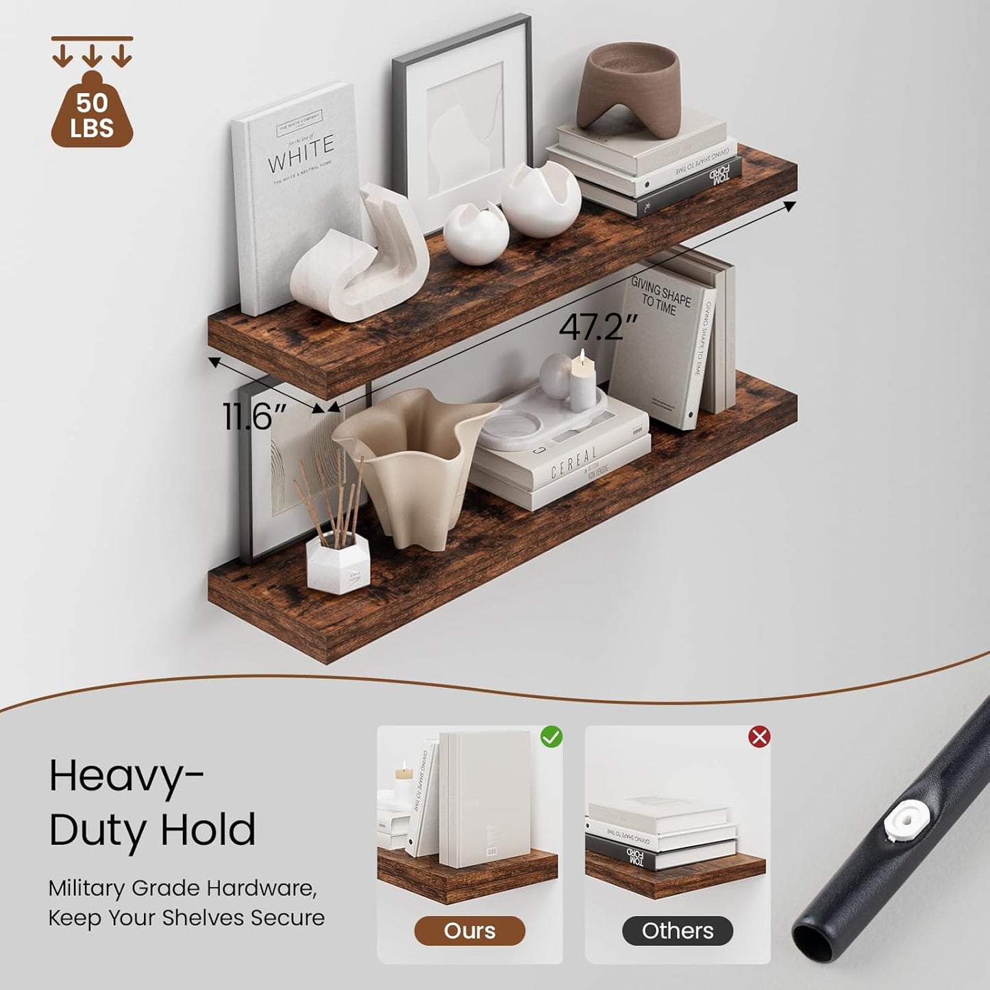 Heimlove 48W x 12D Long Floating Shelf, 12 Inch Deep Floating Shelves for Wall Set of 2, Wood