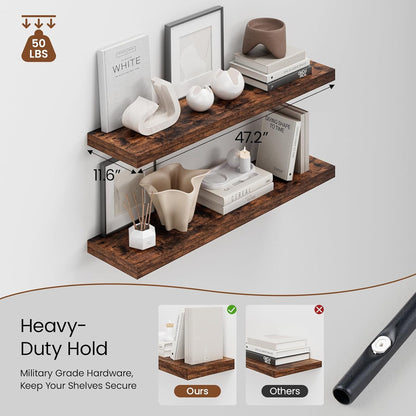 Heimlove 48W x 12D Long Floating Shelf, 12 Inch Deep Floating Shelves for Wall Set of 2, Wood