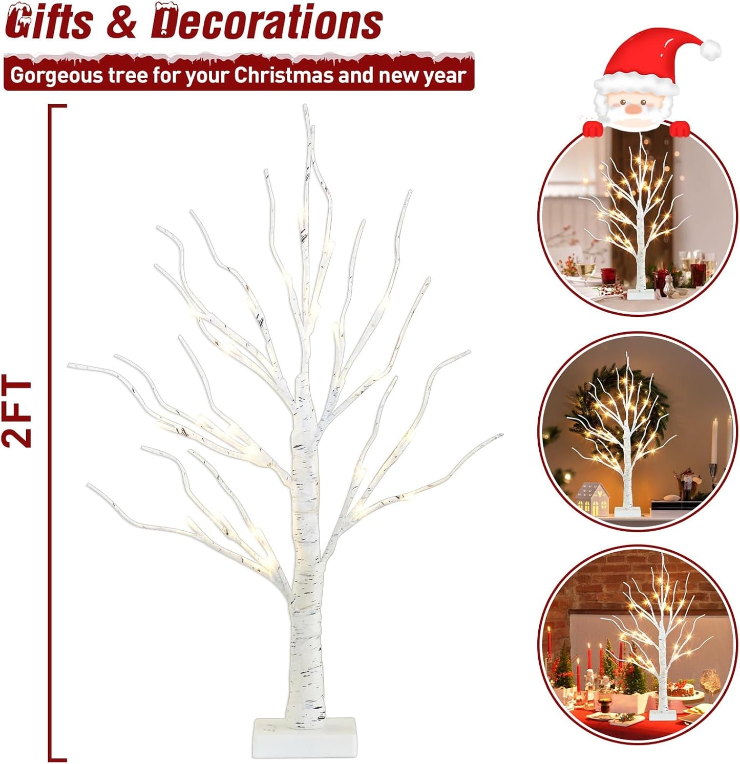 PEIDUO Artificial Tree for Easter Decorations, 2 FT Birch Tree with LED Lights, Warm White Fairy