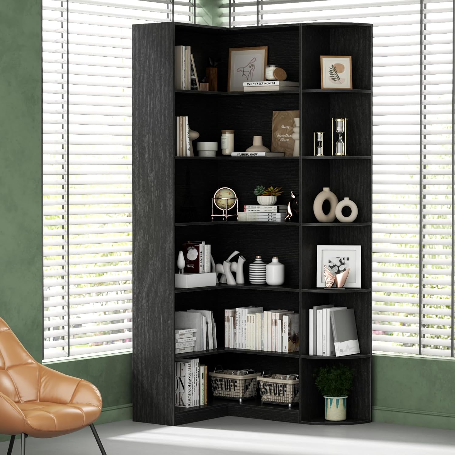 Loomie Black Book Shelf, 6 Tiers Shelf Large Tall Corner Etagere Bookcase with Full Baffle