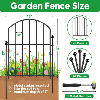 Decorative Garden Fence 17in (H) x25ft (L), Arched Rustproof Metal No Dig Fence for Dogs & Rabbit