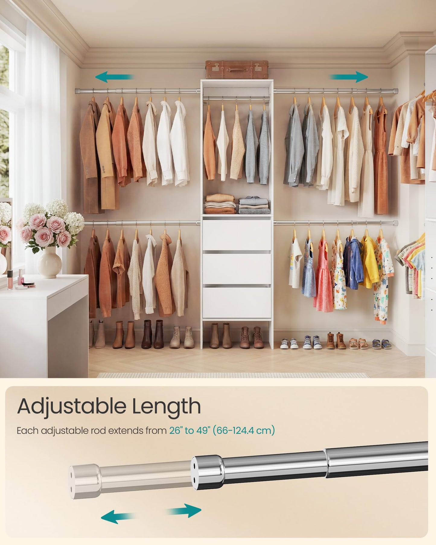 SONGMICS Closet System, Customizable Walk-In Closet Organizer System with Adjustable Hanging Rods