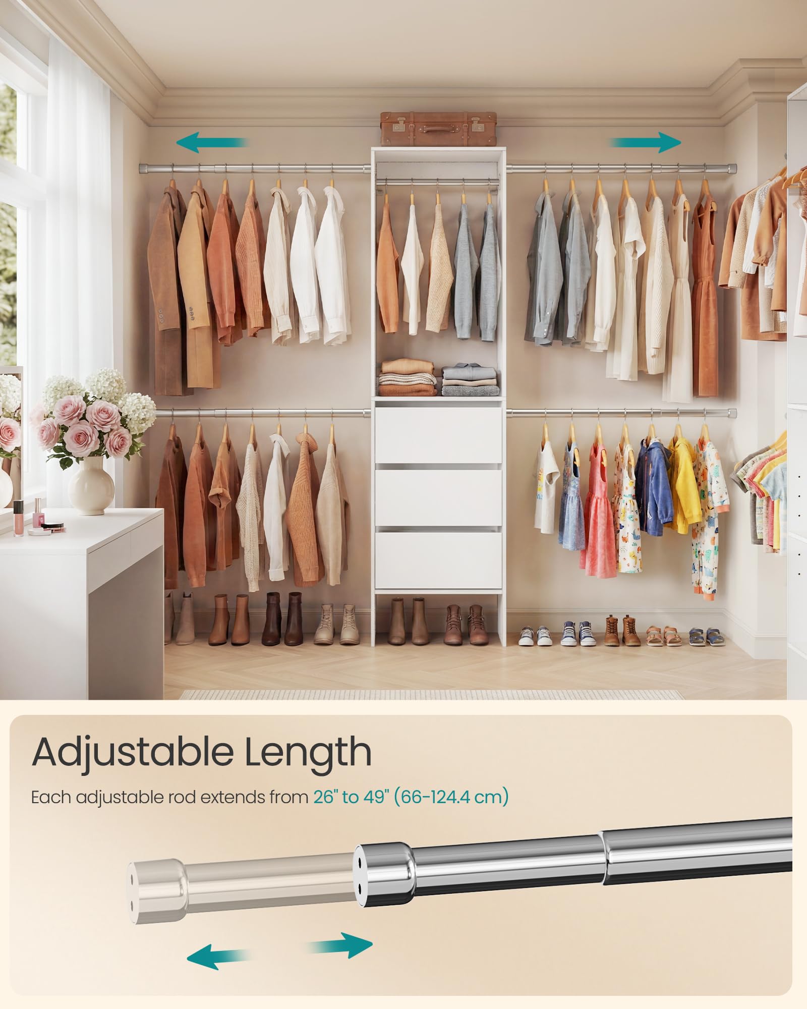 SONGMICS Closet System, Customizable Walk-In Closet Organizer System with Adjustable Hanging Rods