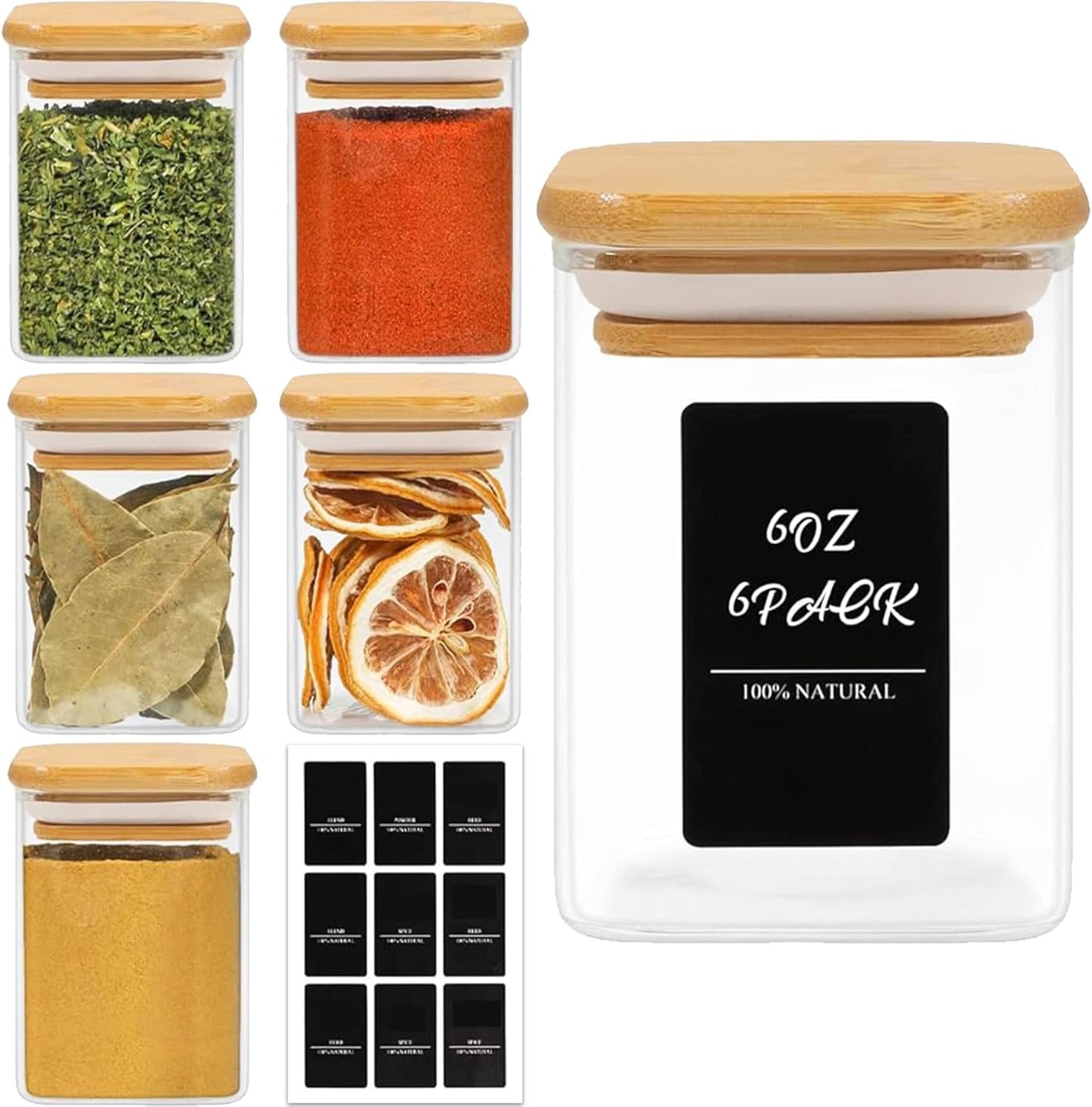 ComSaf 6Pcs 6 oz Spice Jars with Label Trial Set, Glass Spice Jars with Bamboo Lids Supplementary