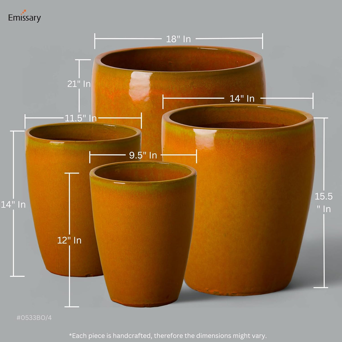 Emissary Home and Garden Bullet 12in., 14in., 15.5in., 21in. H Bright Orange Ceramic Round Planters