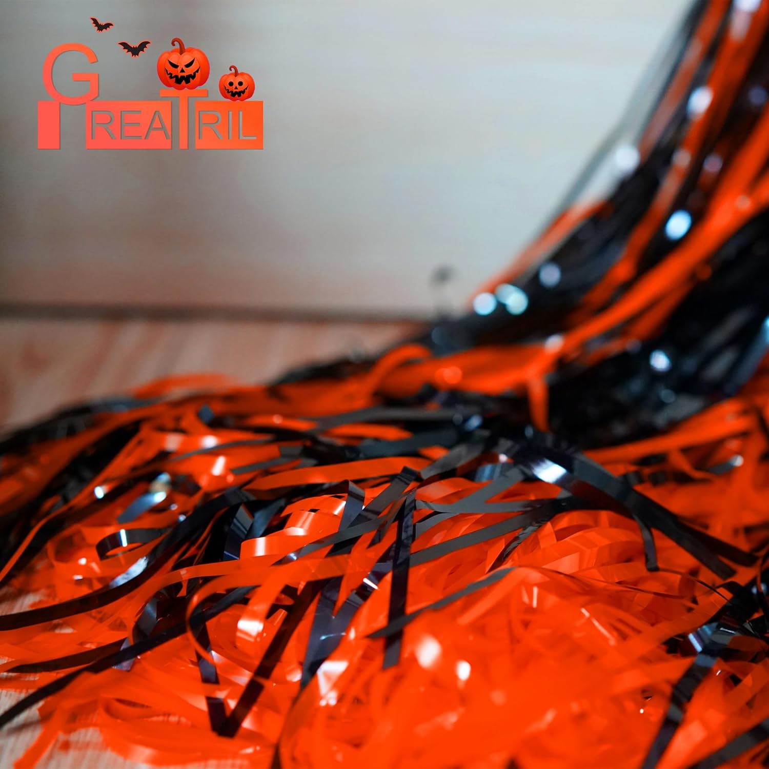 Black Orange Streamers Party Backdrop - GREATRIL Tinsel Fringe Curtain for Halloween