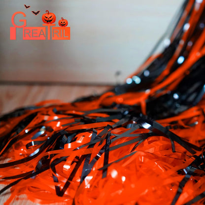Black Orange Streamers Party Backdrop - GREATRIL Tinsel Fringe Curtain for Halloween