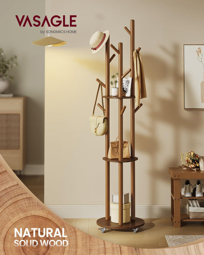 VASAGLE Freestanding Coat Rack Stand, Coat Tree with 11 Hooks, 3 Shelves, 4 Removable 360° Swivel