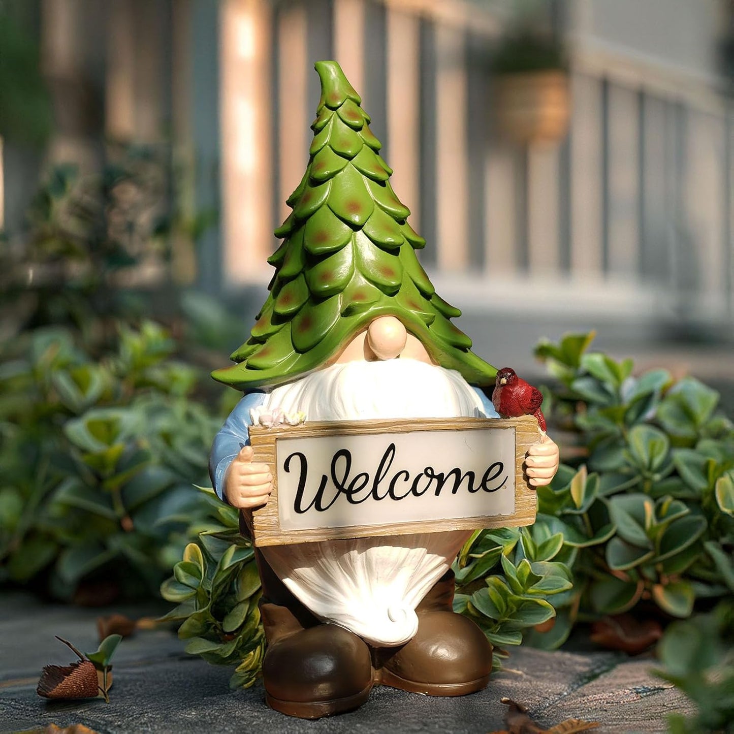 Large Garden Gnome Statue with Solar Lights, 13.5” Welcome Sign Gnome Outdoor Decor for Yard Lawn