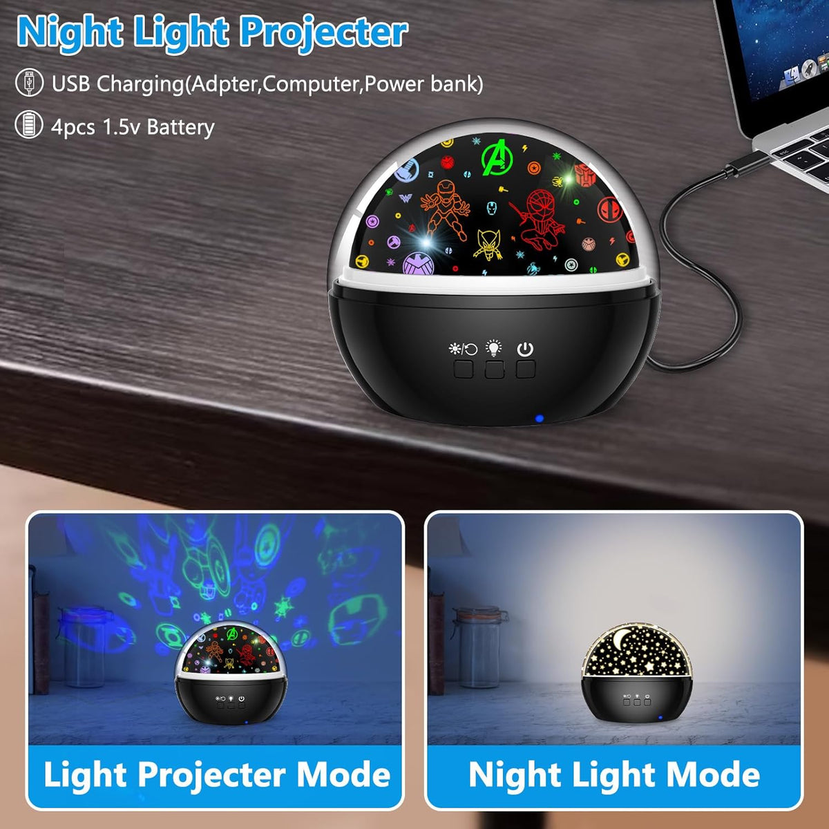 Superhero Night Light Projector for Boy,Kids Night Lights with Spiderman and Star Theme,360 Degree