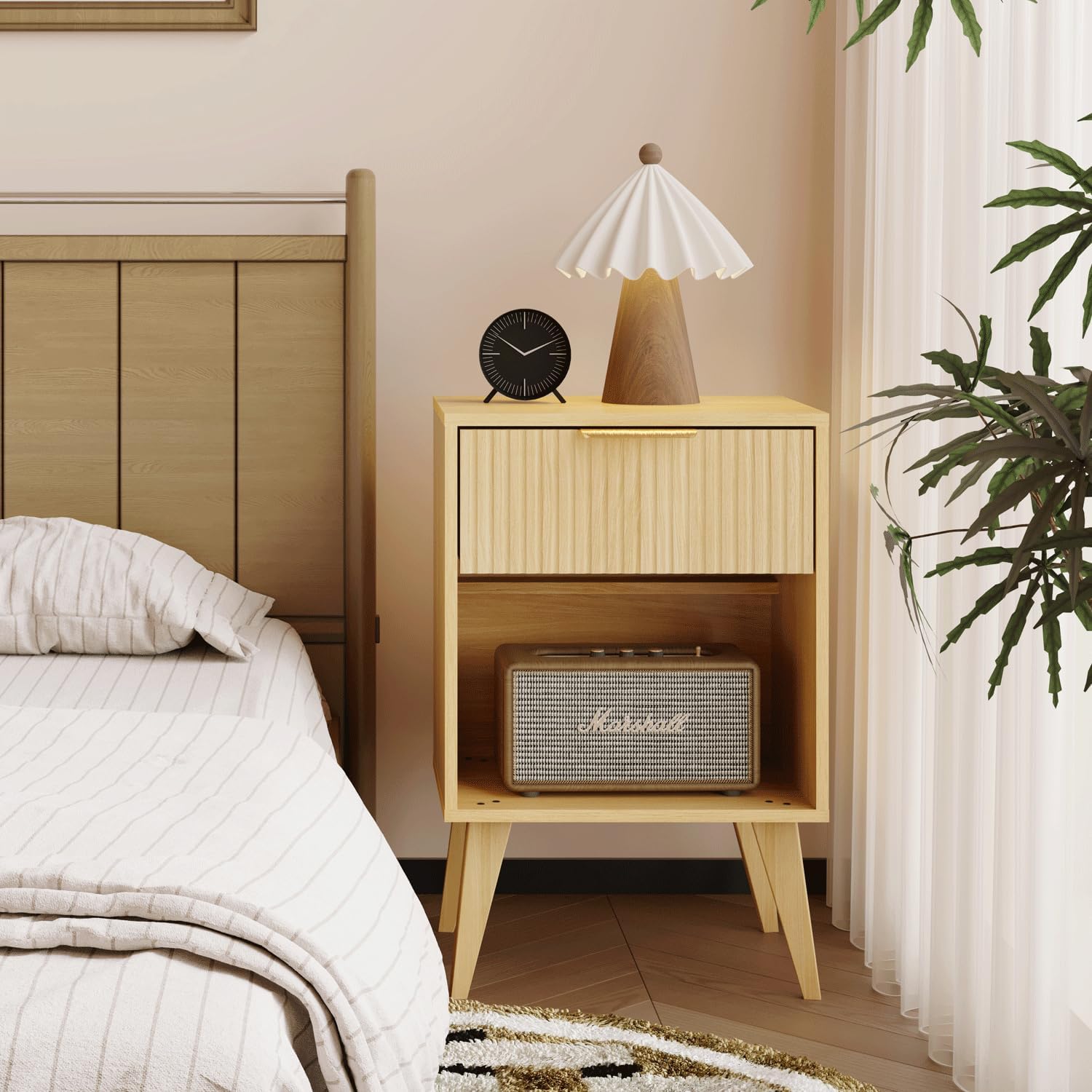 Fluted Night Stand with Opening Storage,Mid Century Bedside Table with Drawer,Wood Nightstand with