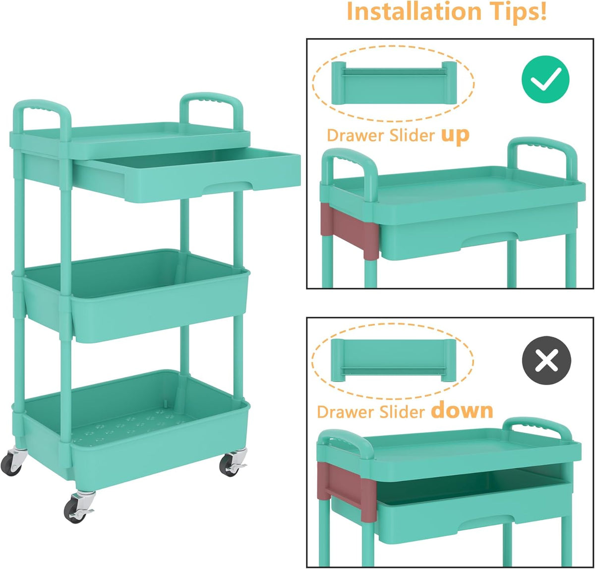 Calmootey 3-Tier Rolling Utility Cart with Drawer,Multifunctional Storage Organizer with Plastic