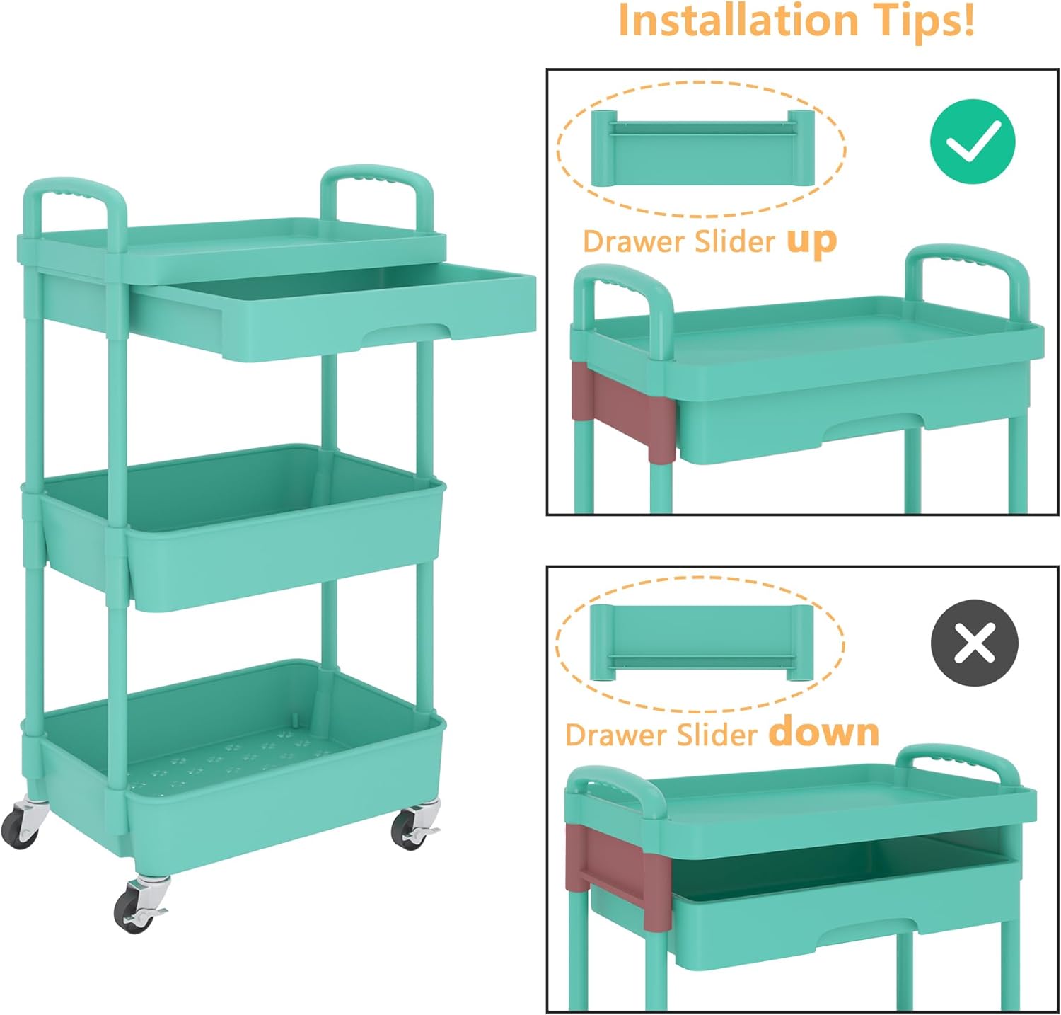 Calmootey 3-Tier Rolling Utility Cart with Drawer,Multifunctional Storage Organizer with Plastic