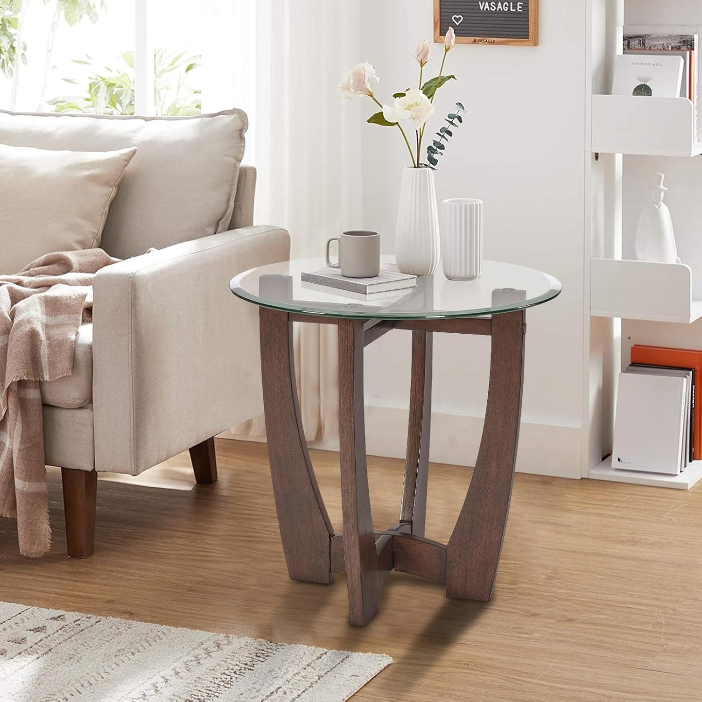 Glass End Table, 23.5" Round Side Tables with Tempered Glass Top Cross and Solid Wood Base Small