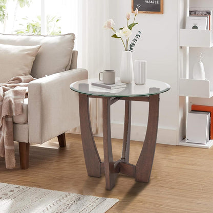 Glass End Table, 23.5" Round Side Tables with Tempered Glass Top Cross and Solid Wood Base Small