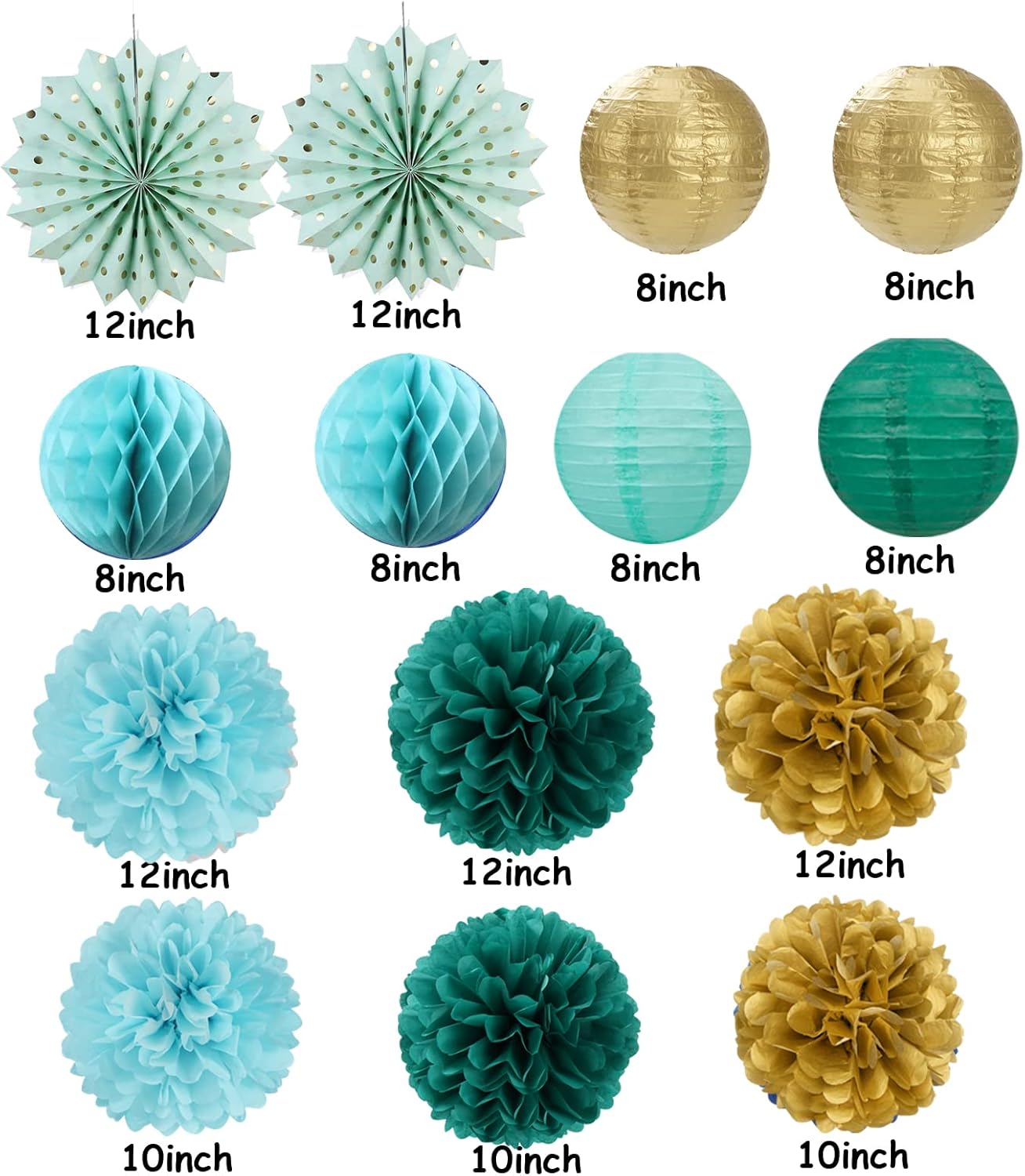 Sage-Green Teal-Blue Party-Decorations Streamers Lanterns - 14pcs Rustic Wedding Baby Shower Paper