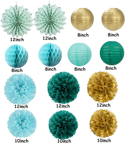 Sage-Green Teal-Blue Party-Decorations Streamers Lanterns - 14pcs Rustic Wedding Baby Shower Paper