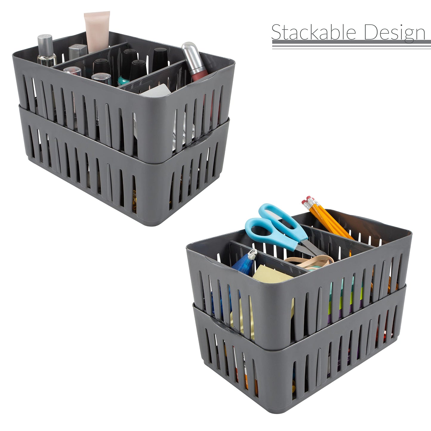 Simplify 3 Compartment Stackable Bin with Adjustable Dividers | Drawer Organizer | Storage Basket |