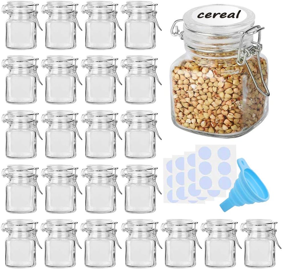Spice Jars, 24 Pack 4oz Small Glass Jars with Airtight Hinged Lid, With 24 Spice Labels & Silicone