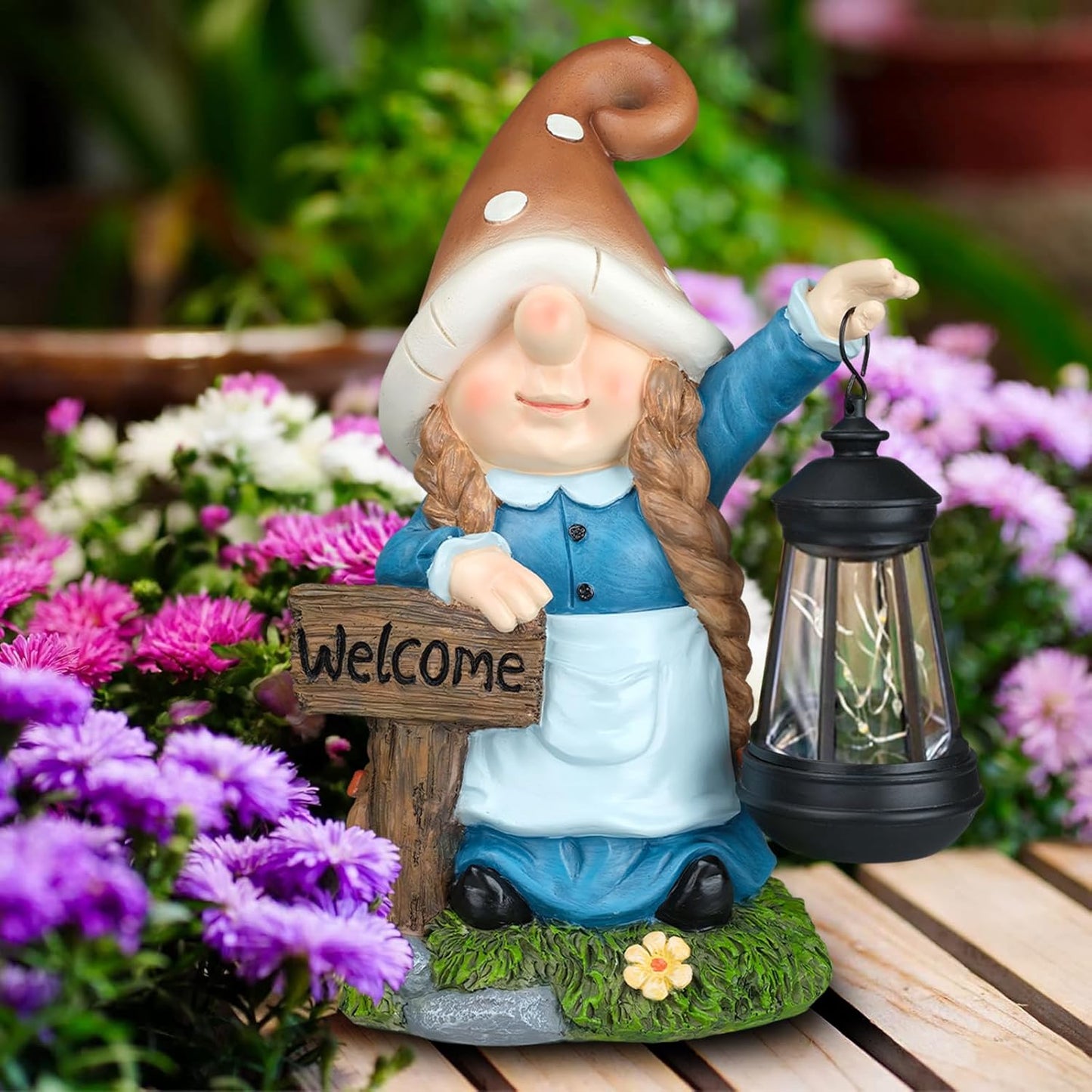 Solar Large Gnome Garden Statue with Welcome Sign Outdoor Decor with LED Lantern Funy for Porch